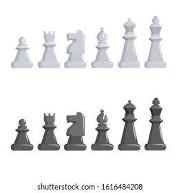 Set of black and white chess pieces. Chess game characters in a row.