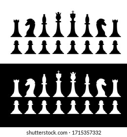 Set of black and white chess pieces. Chess strategy and tactic. Vector illustration