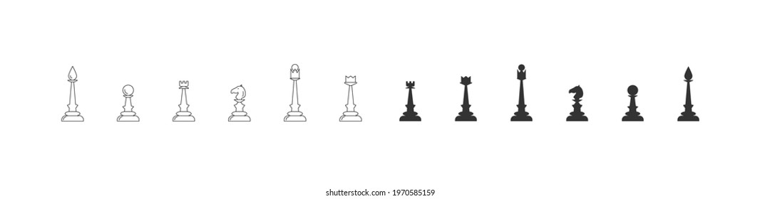 Set of black and white chess pieces. Vector chess icons on a white background. Collection of isolated icons, simple chess pieces.