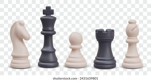 Set of black and white chess pieces. Realistic knight, king, pawn, rook, bishop