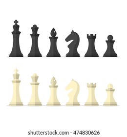 Set black and white chess pieces isolated on white background. Chess pieces including the king, queen, bishop, knight, rook and pawn in flat style.