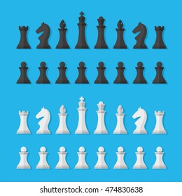 Set black and white chess pieces isolated on blue background. Chess pieces including the king, queen, bishop, knight, rook and pawn in flat style.