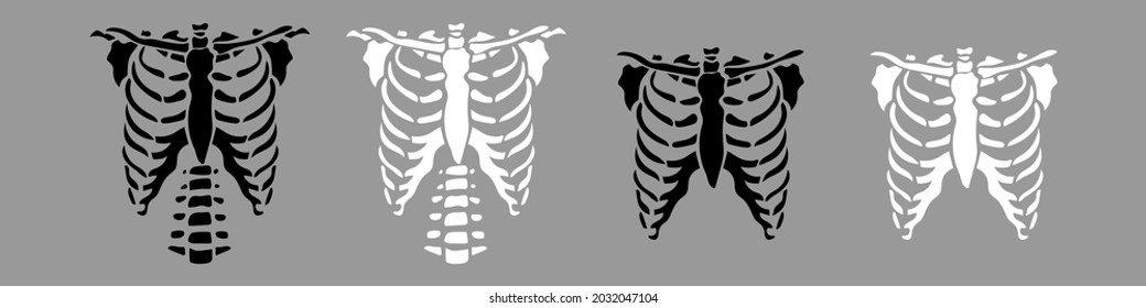 Set of Black and white chest bone. T-shirt print for Horror or Halloween. Hand drawing illustration isolated on background. Vector EPS 10. 