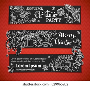 Set of black and white Christmas banners. Christmas tree and baubles, Santa sock, hand-written text, holly berries, gifts, candle, candy canes, swirls, gingerbread man, deer, sweets, ribbons.