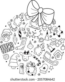 Set of black and white Christmas elements in the form of a Christmas tree toy. Vector illustration. Hand-drawn.