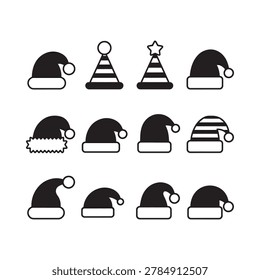 set of black and white christmas hat icons isolated vector illustration