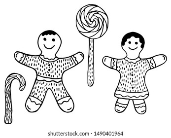 Set of black and white Christmas and New Year sweets in Scandinavian style on a white background. Hand-drawn cookie men, candy cane and lollipop. Vector coloring.