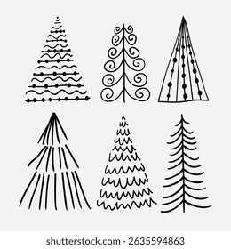 Set of black and white christmas and new year tree hand drawn doodle vector illustration.