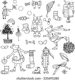Set of black and white Christmas and New Year's graphic elements