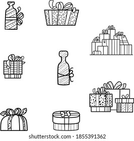 Set of Black and white Christmas present or birthday gift boxes set of vector clip art icons on transparent backgrovnt