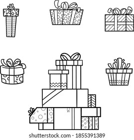 Set of Black and white Christmas present or birthday gift boxes set of vector clip art icons on transparent backgrovnt