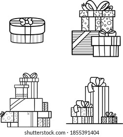 Set of Black and white Christmas present or birthday gift boxes set of vector clip art icons on transparent backgrovnt
