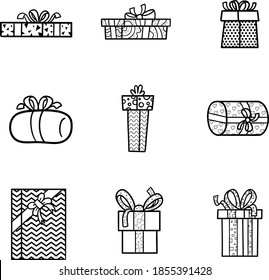 Set of Black and white Christmas present or birthday gift boxes set of vector clip art icons on transparent backgrovnt