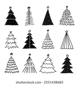 Set of black and white christmas tree hand drawn doodle vector illustration.