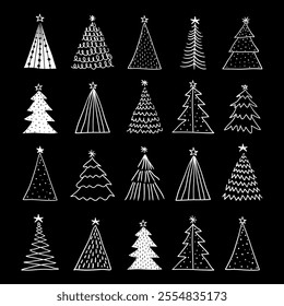 Set of black and white christmas tree hand drawn doodle vector illustration.