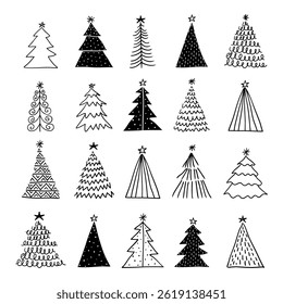 Set of black and white christmas tree hand drawn doodle vector illustration.