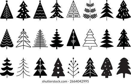 "Set of black and white Christmas tree silhouettes and line art designs, featuring various festive styles including minimal, decorative, and abstract shapes. Perfect for holiday greeting cards.