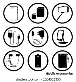 Set black and white circle icons of mobile accessories. Vector illustration.