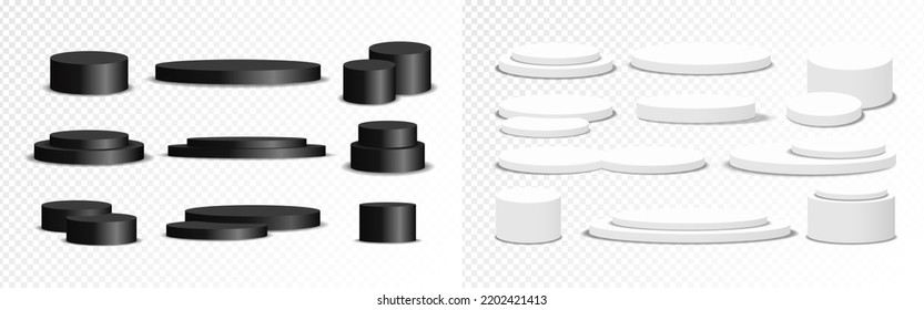 Set of black and white circle podium isolated on transparent background. Stage empty for product display, advertising, show, contest, award, and winner. Platform studio. Vector illustration.