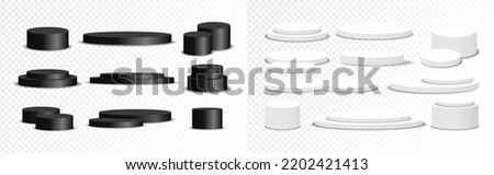 Set of black and white circle podium isolated on transparent background. Stage empty for product display, advertising, show, contest, award, and winner. Platform studio. Vector illustration.
