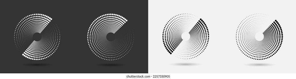 Un conjunto de círculos negros y blancos de tonos blancos y medio salpicados con una sombra. Elementos de diseño abstracto. Efecto de un gradiente rotante que desaparece. Ilustración vectorial.