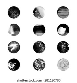 Set of black and white circles made in watercolor technique, astronomy, universe, planets icons