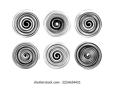 Set black and white circles, twisted swirl silhouette on white background