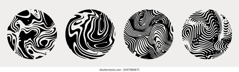 Set of black and white circles with wavy surreal texture. Futuristic abstract shapes for logotype design.