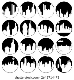 Conjunto de iconos circulares del paisaje urbano en blanco y negro con varios horizontes modernos y clásicos con edificios, torres y siluetas urbanas en estilo minimalista.
