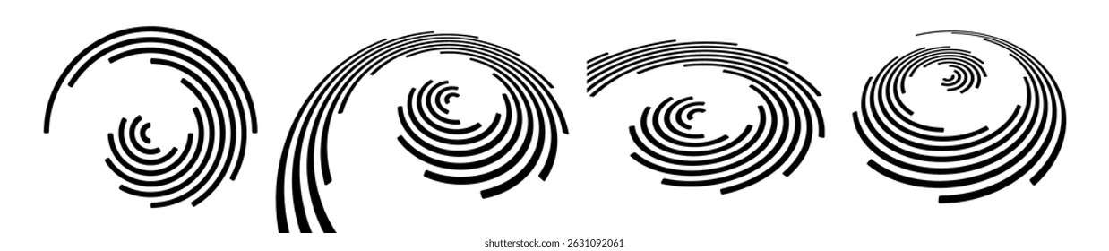 Um conjunto de elementos circulares pretos e brancos feitos de linhas com um efeito rotativo. Elemento de design de espiral abstrato. Movimento em espiral e em espiral. Vetor para brochura, cartaz, apresentação, folheto ou banner