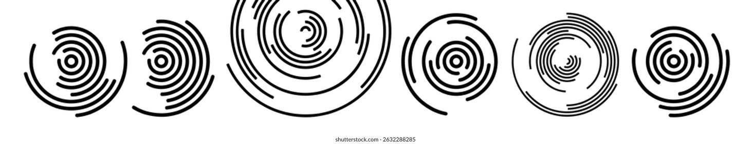 A set of black and white circular elements made of lines with a rotating effect. Abstract swirl design element. Spiral and swirling movement. Vector for brochure, poster, presentation, flyer or banner