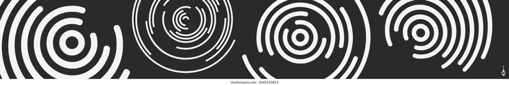 A set of black and white circular elements made of lines with a rotating effect. Abstract swirl design element. Spiral and swirling movement. Vector for brochure, poster, presentation, flyer or banner