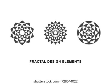Set of Black and White Circular Fractal Design Elements. Digital flower. Vector illustration. 