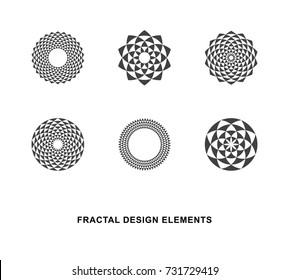 Set of Black and White Circular Fractal Design Elements. Digital flower. Vector illustration. 