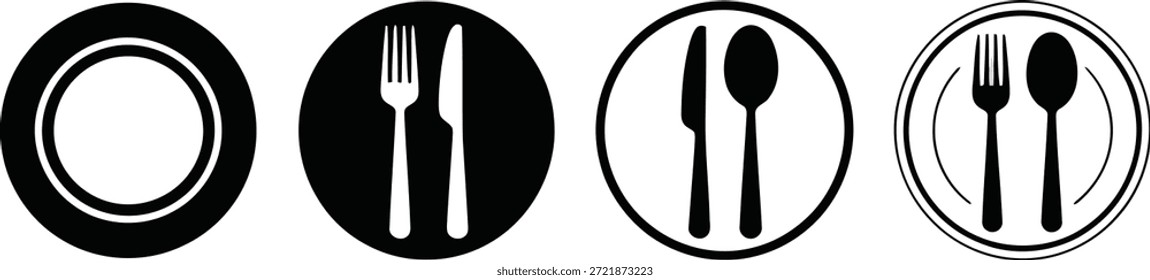 Conjunto de iconos circulares en blanco y negro que representan un plato, tenedor, cuchillo y cuchara, ideal para menús o letreros de restaurantes.