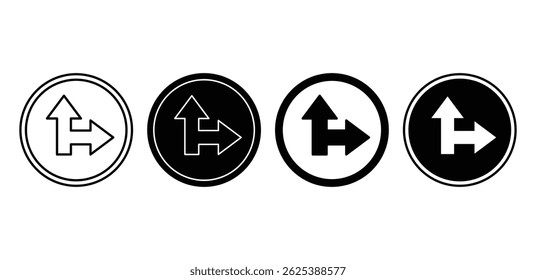 Conjunto de iconos circulares de la derecha del camino lateral blanco y negro con diseño de Vector de flechas