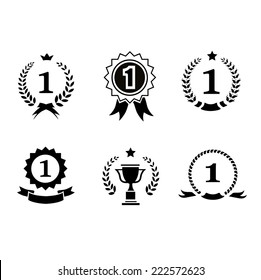 Set of black and white circular vector winner emblems and leader icons with laurel wreaths and ribbon rosettes enclosing the number 1  
