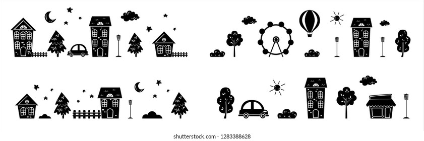 set of black and white cityscape silhouettes