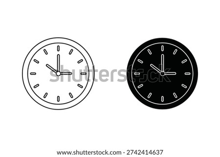 Set of black and white clock icons with hour and minute hands, flat design vector illustration