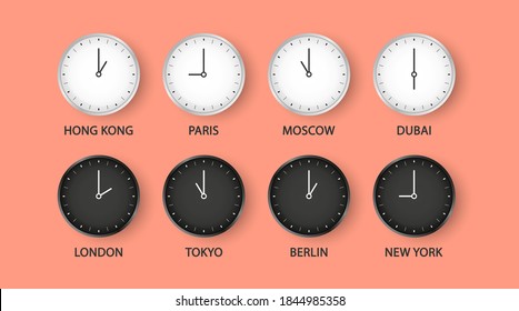 Set of black and white clock for time zones . Modern black, white and silhouette set of day and night clock for different cities. World Time Zones. Vector Illustration