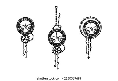 Conjunto de relojes negros y blancos con engranajes, ruedas cognitivas y cadenas sobre un mecanismo blanco. Steampunk. Elementos decorativos para una tarjeta de saludo de vacaciones, banner, afiche, señalización, etiqueta, corte láser o trazador