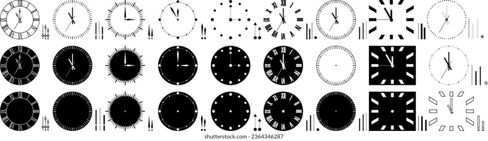 Conjunto de relojes en blanco y negro sobre un fondo transparente. Ilustración del vector
