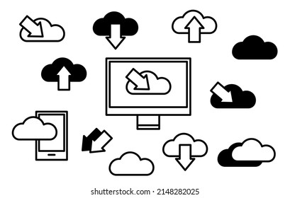 Set of black and white cloud icons. Cloud with an arrow. Smartphone. A computer. Icon for the application. Vector.