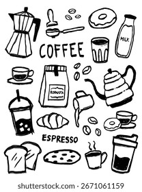 Set aus schwarz-weißem Kaffee und Bäckereidoodles. Handgezeichnete Vektorsammlung von Café-Symbolen, darunter Moka-Topf, Croissant und Espresso für Menü- oder Aufkleber-Design.