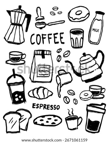 Set of black and white coffee and bakery doodles. Hand drawn vector collection of cafe icons including moka pot, croissant, and espresso for menu or sticker design.