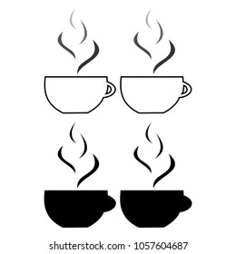 A set of black and white coffee cups with smoke on a white background.Used in printing and web