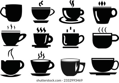 Set of black and white coffee cups. Coffee cup silhouettes. Vector illustration.