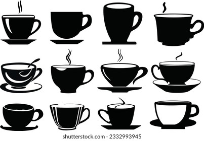 Set of black and white coffee cups. Coffee cup silhouettes. Vector illustration.