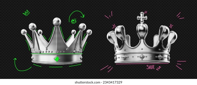 Set of black and white collage crowns with colorful doodle arrows. Punk design trendy halftone elements. King and Queen. Vector illustration on transparent background