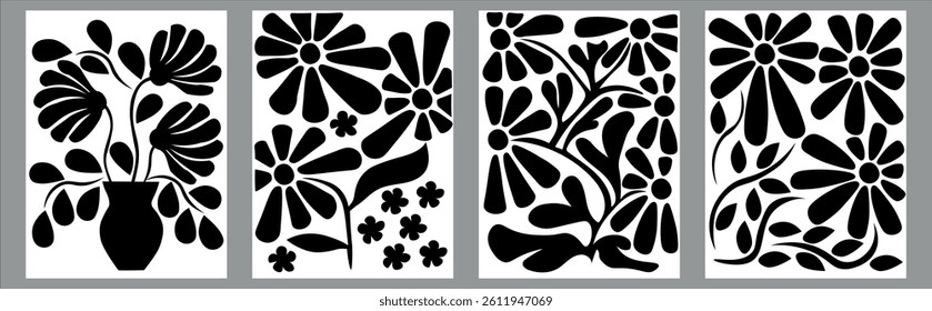 A set of black and white color elements for a creative project. Flower design in the style of Mattis. Vector illustration.